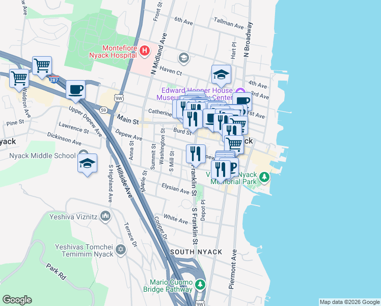 map of restaurants, bars, coffee shops, grocery stores, and more near 117 Depew Avenue in Nyack
