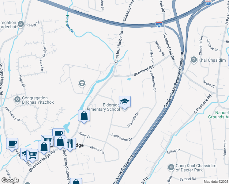 map of restaurants, bars, coffee shops, grocery stores, and more near 4 Roxbury Court in Spring Valley