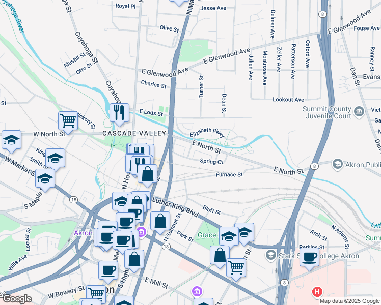 map of restaurants, bars, coffee shops, grocery stores, and more near 212 East North Street in Akron