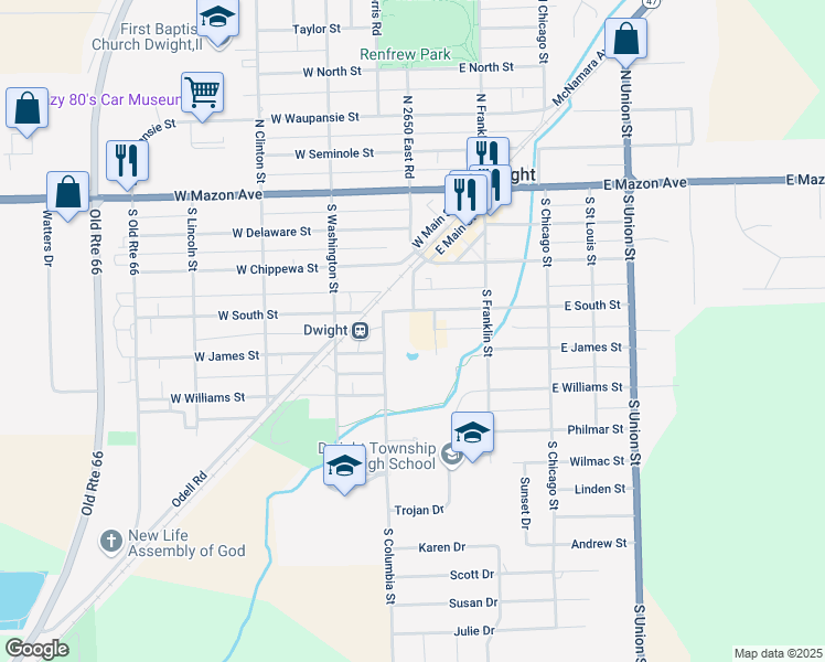 map of restaurants, bars, coffee shops, grocery stores, and more near 101 West South Street in Dwight