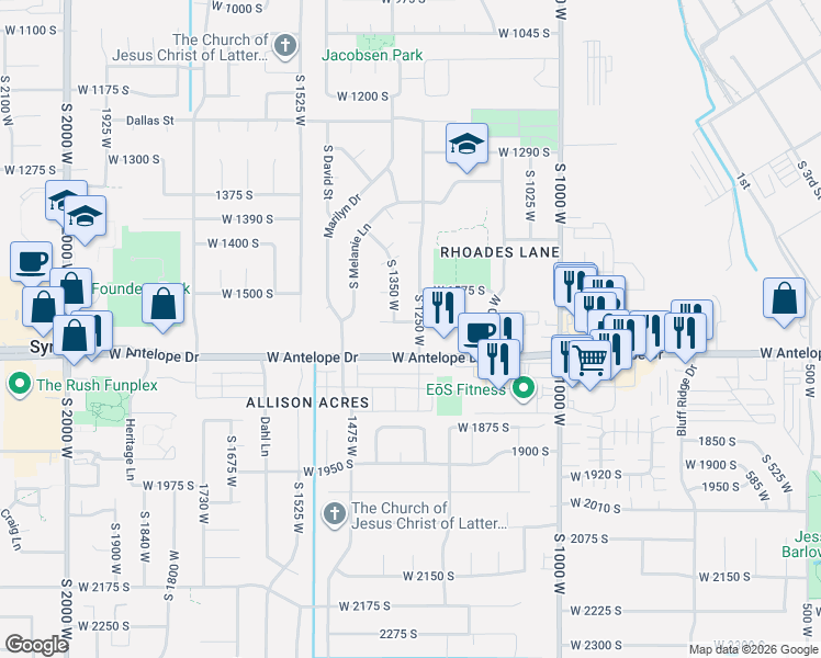 map of restaurants, bars, coffee shops, grocery stores, and more near 1265 West 1625 South in Syracuse