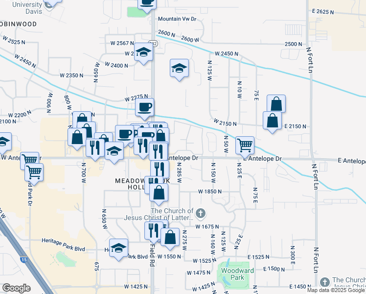 map of restaurants, bars, coffee shops, grocery stores, and more near 256 Antelope Drive in Layton