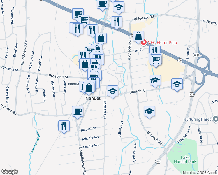 map of restaurants, bars, coffee shops, grocery stores, and more near 8 Highview Avenue in Nanuet