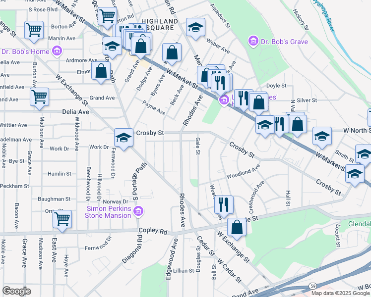 map of restaurants, bars, coffee shops, grocery stores, and more near 163 Rhodes Avenue in Akron
