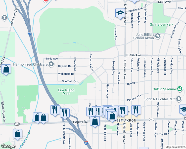 map of restaurants, bars, coffee shops, grocery stores, and more near 1607 Stadelman Avenue in Akron