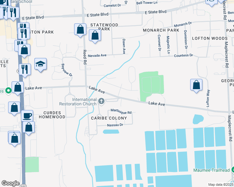 map of restaurants, bars, coffee shops, grocery stores, and more near 5045 Lake Avenue in Fort Wayne