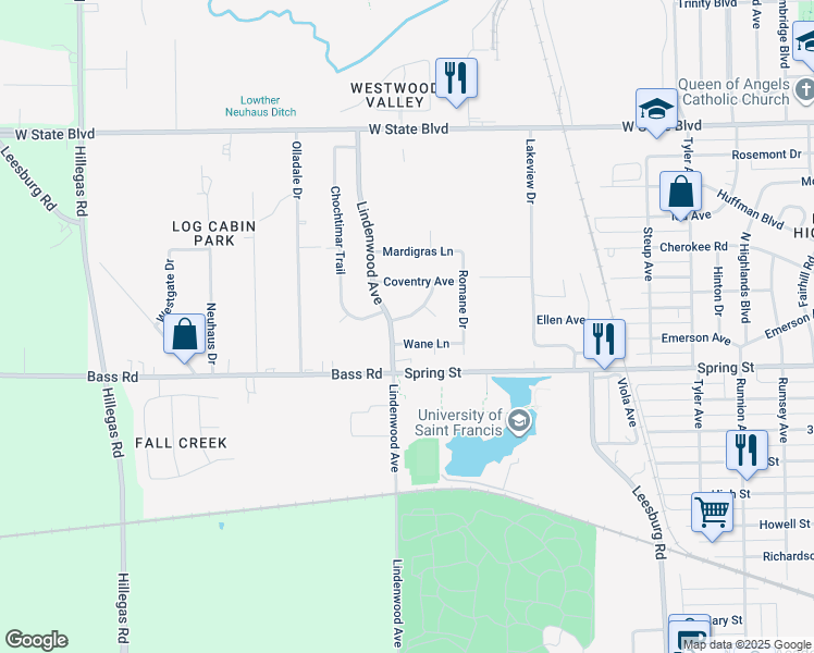 map of restaurants, bars, coffee shops, grocery stores, and more near 3025 Shalimar Cir in Fort Wayne