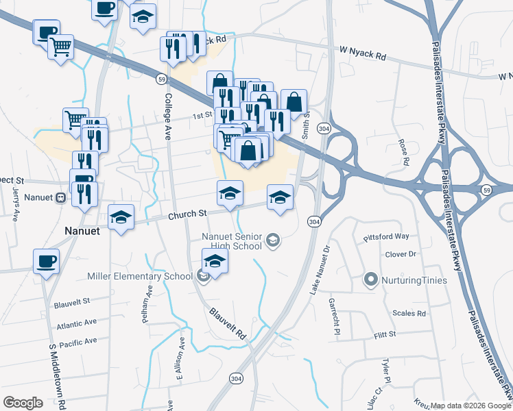 map of restaurants, bars, coffee shops, grocery stores, and more near 117 Church Street in Nanuet