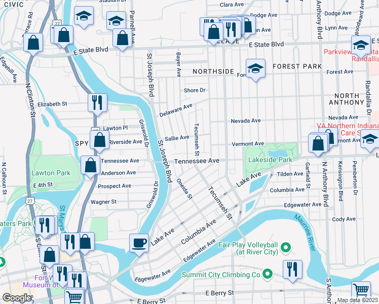 map of restaurants, bars, coffee shops, grocery stores, and more near 1516 Bayer Avenue in Fort Wayne