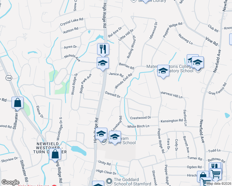 map of restaurants, bars, coffee shops, grocery stores, and more near 31 Dannell Drive in Stamford