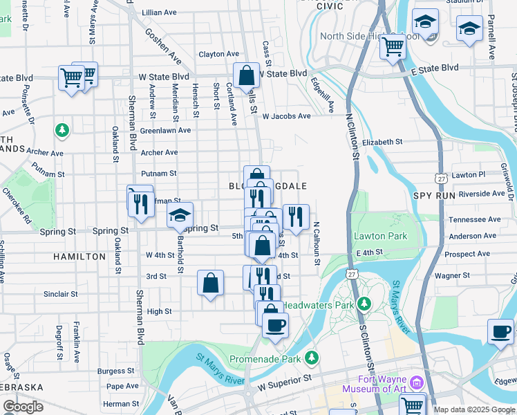 map of restaurants, bars, coffee shops, grocery stores, and more near 1627 Wells Street in Fort Wayne