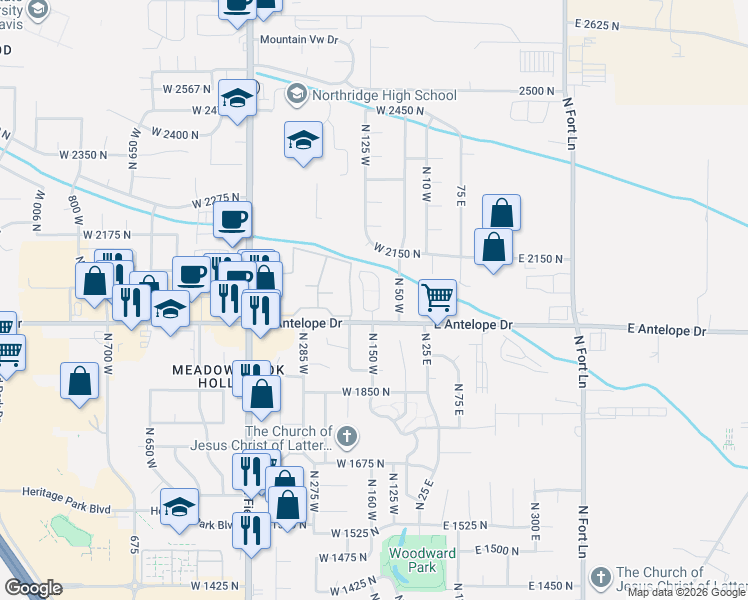 map of restaurants, bars, coffee shops, grocery stores, and more near 2051 Evans Cove Loop in Layton