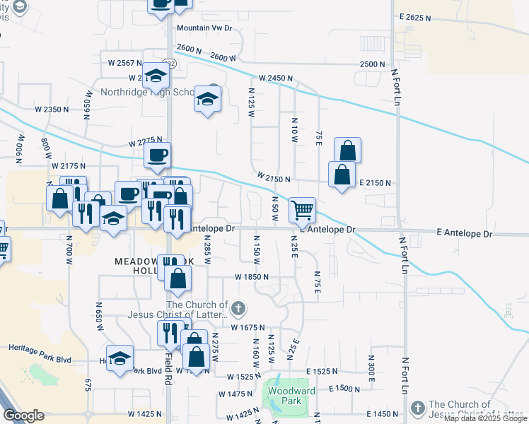 map of restaurants, bars, coffee shops, grocery stores, and more near 2048 Evans Cove Loop in Layton