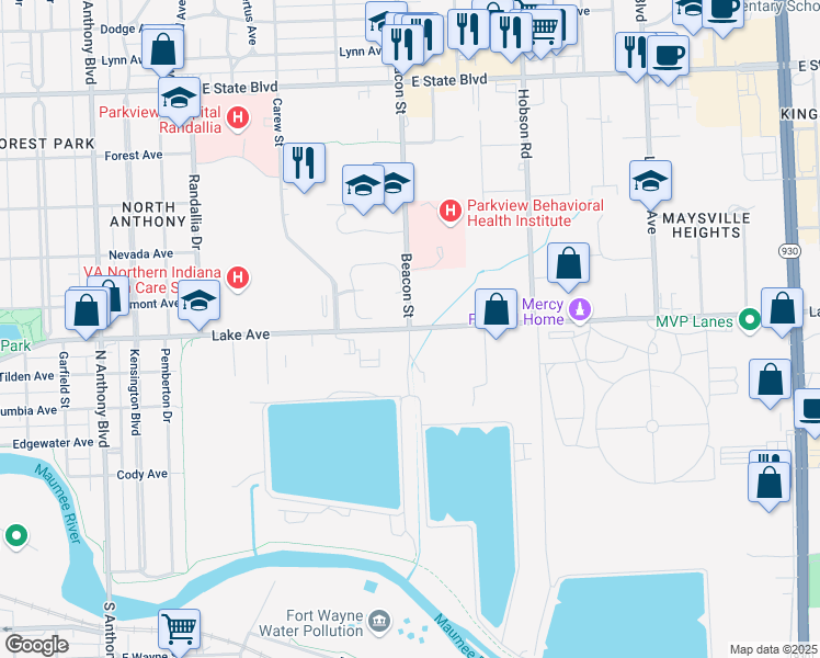 map of restaurants, bars, coffee shops, grocery stores, and more near 1501 Beacon Street in Fort Wayne