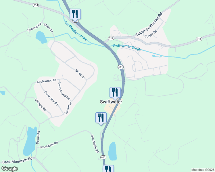 map of restaurants, bars, coffee shops, grocery stores, and more near 2455 Brookdale Road in Swiftwater
