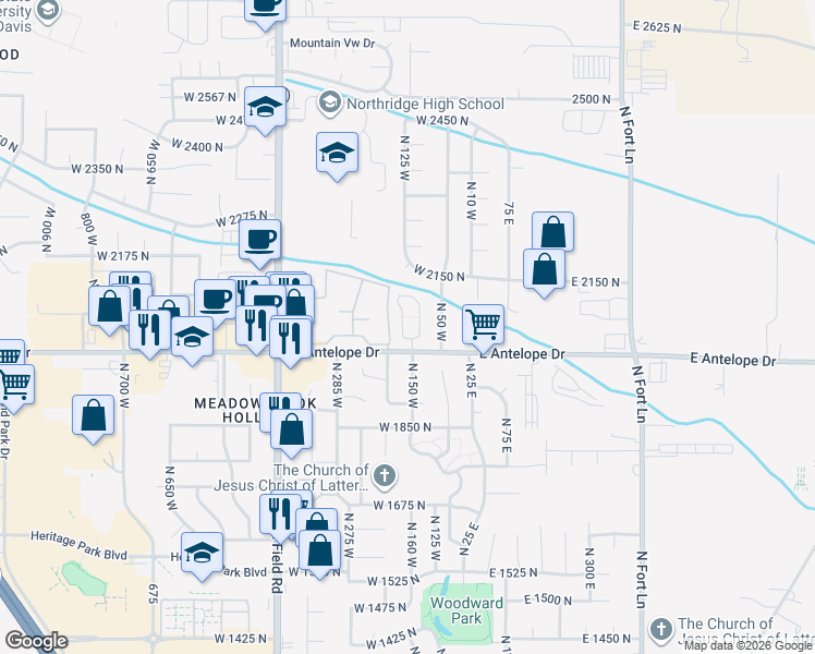 map of restaurants, bars, coffee shops, grocery stores, and more near 2033 Evans Cove Loop in Layton