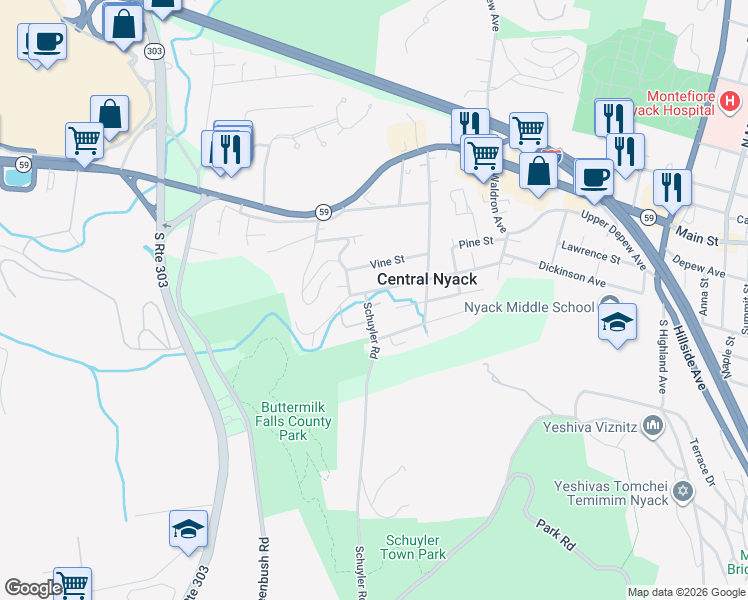 map of restaurants, bars, coffee shops, grocery stores, and more near 4 Schuyler Road in Nyack