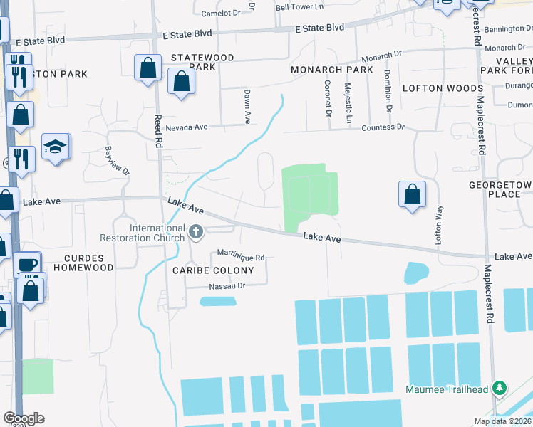 map of restaurants, bars, coffee shops, grocery stores, and more near in Fort Wayne