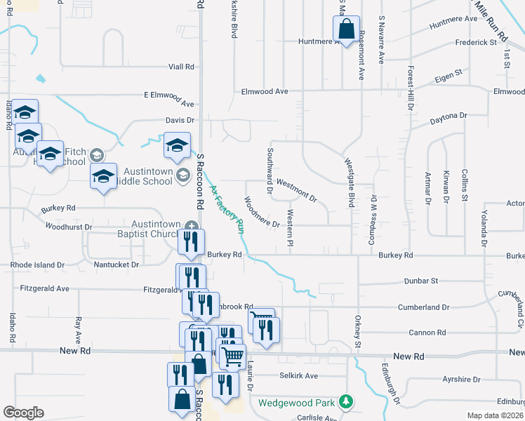 map of restaurants, bars, coffee shops, grocery stores, and more near 4227 Woodmere Drive in Youngstown