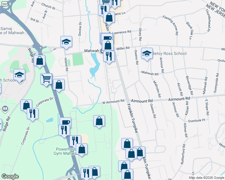 map of restaurants, bars, coffee shops, grocery stores, and more near 260 Franklin Turnpike in Mahwah