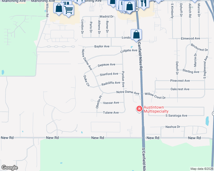 map of restaurants, bars, coffee shops, grocery stores, and more near 5667 Radcliffe Avenue in Youngstown