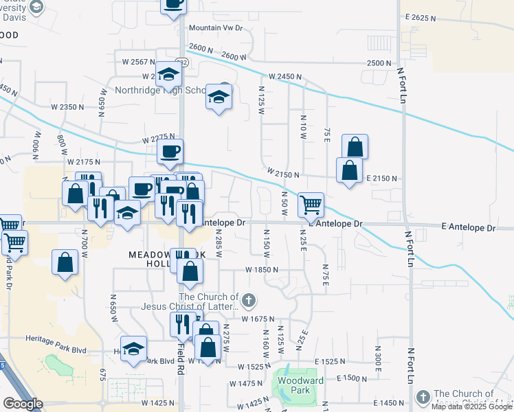 map of restaurants, bars, coffee shops, grocery stores, and more near 2053 Evans Cove Loop in Layton