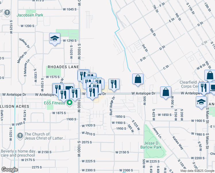 map of restaurants, bars, coffee shops, grocery stores, and more near 823 West 1600 South in Clearfield