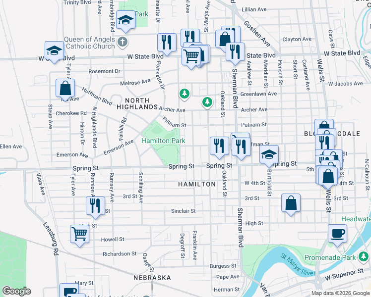 map of restaurants, bars, coffee shops, grocery stores, and more near 1213 Huffman Street in Fort Wayne