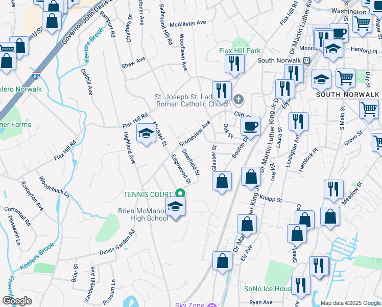 map of restaurants, bars, coffee shops, grocery stores, and more near 7 Edgewood Street in Norwalk