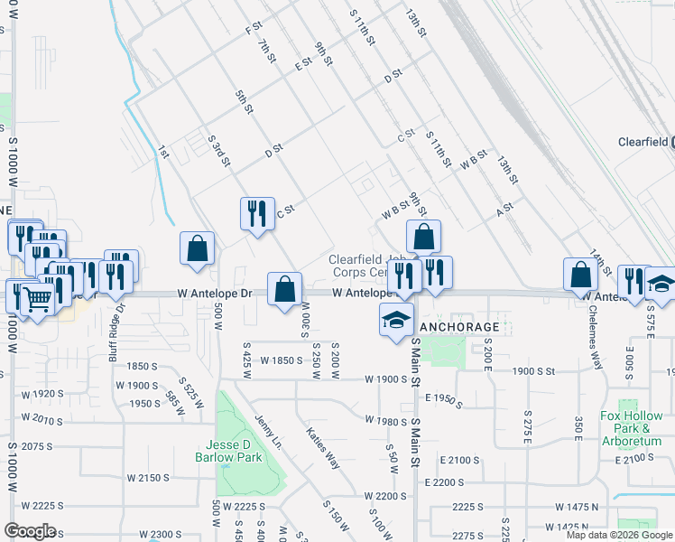 map of restaurants, bars, coffee shops, grocery stores, and more near 260 West 1700 South in Clearfield