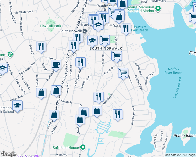 map of restaurants, bars, coffee shops, grocery stores, and more near 169 South Main Street in Norwalk