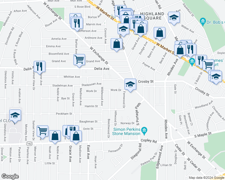 map of restaurants, bars, coffee shops, grocery stores, and more near 314 Hillwood Drive in Akron
