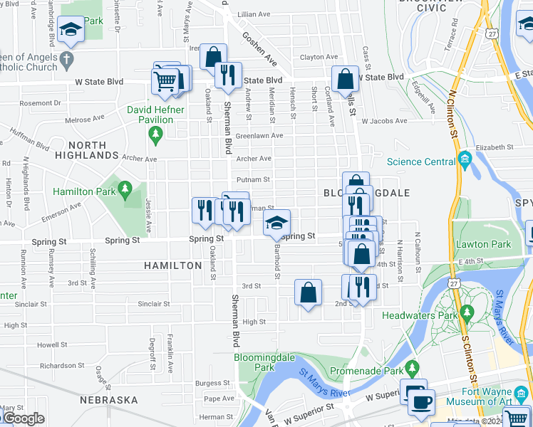 map of restaurants, bars, coffee shops, grocery stores, and more near 1618 Andrew Street in Fort Wayne