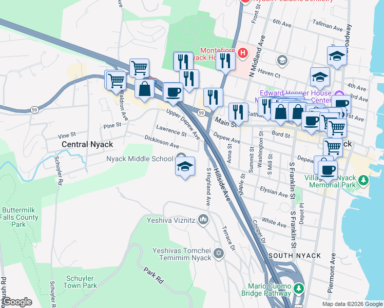 map of restaurants, bars, coffee shops, grocery stores, and more near 35 Dickinson Avenue in Nyack