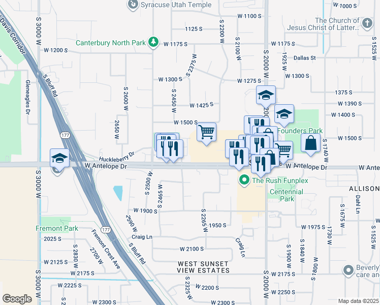 map of restaurants, bars, coffee shops, grocery stores, and more near 1641 South 2350 West in Syracuse