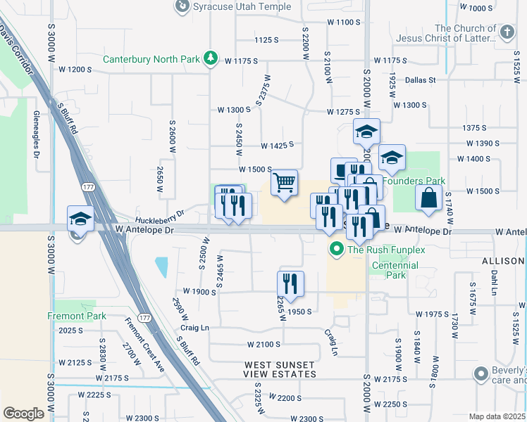 map of restaurants, bars, coffee shops, grocery stores, and more near 1641 South 2350 West in Syracuse