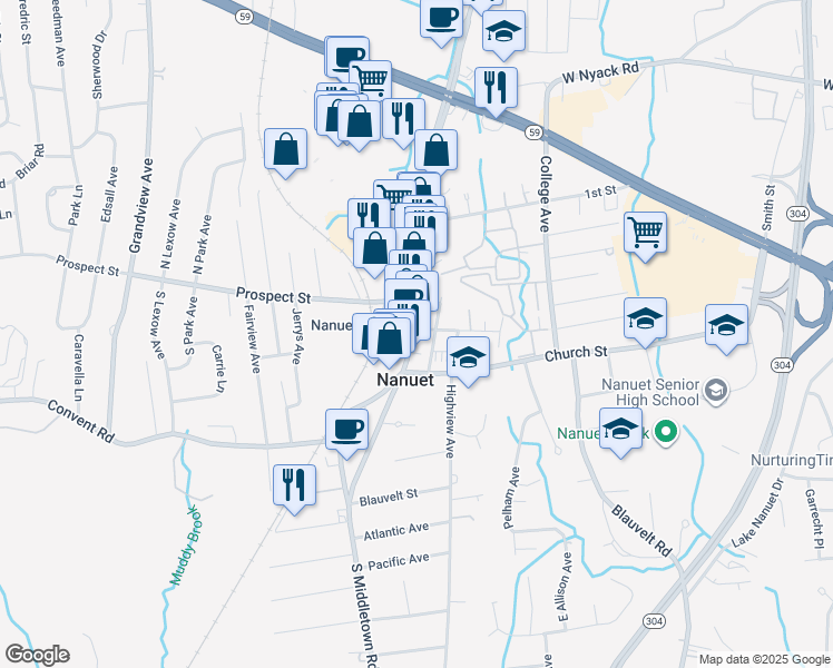 map of restaurants, bars, coffee shops, grocery stores, and more near 210 Main Street in Nanuet