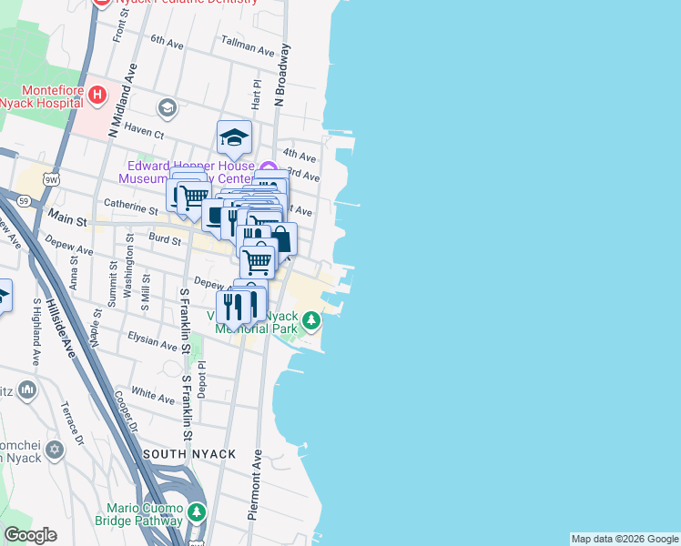 map of restaurants, bars, coffee shops, grocery stores, and more near 1 Main Street in Nyack