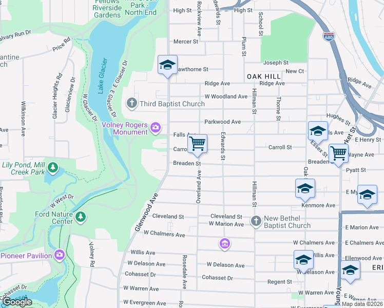 map of restaurants, bars, coffee shops, grocery stores, and more near 450 Breaden Street in Youngstown