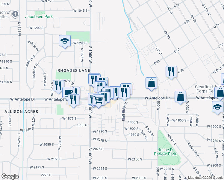 map of restaurants, bars, coffee shops, grocery stores, and more near 823 West 1600 South in Clearfield