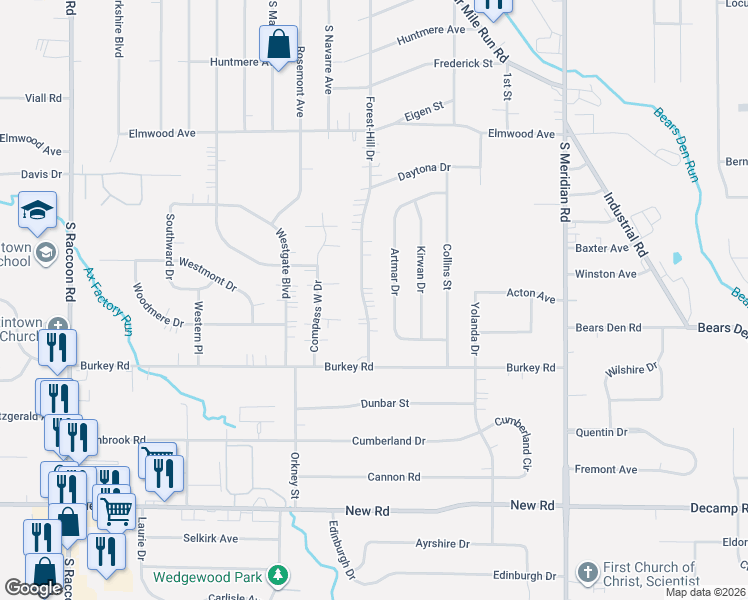 map of restaurants, bars, coffee shops, grocery stores, and more near 539 Forest-Hill Drive in Youngstown