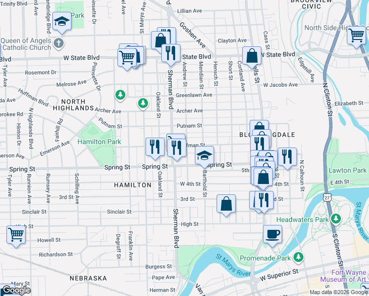 map of restaurants, bars, coffee shops, grocery stores, and more near 1618 Andrew Street in Fort Wayne