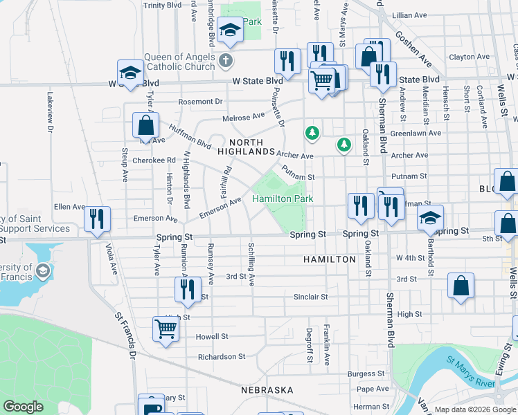 map of restaurants, bars, coffee shops, grocery stores, and more near 1421 Cherokee Road in Fort Wayne