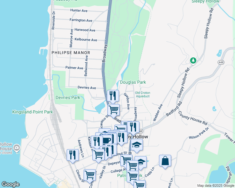 map of restaurants, bars, coffee shops, grocery stores, and more near 28 Dell Street in Sleepy Hollow