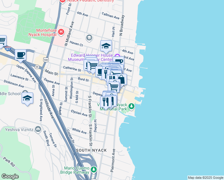 map of restaurants, bars, coffee shops, grocery stores, and more near 37 South Broadway in Nyack