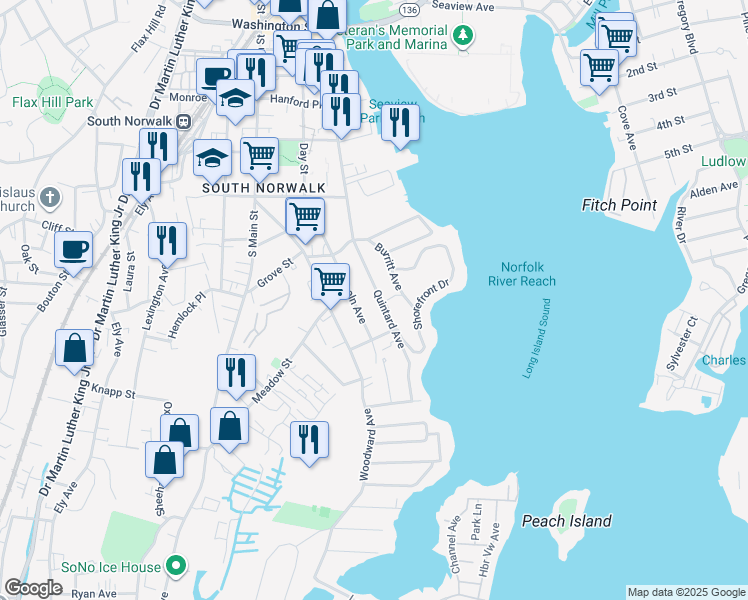 map of restaurants, bars, coffee shops, grocery stores, and more near 30 Lincoln Avenue in Norwalk
