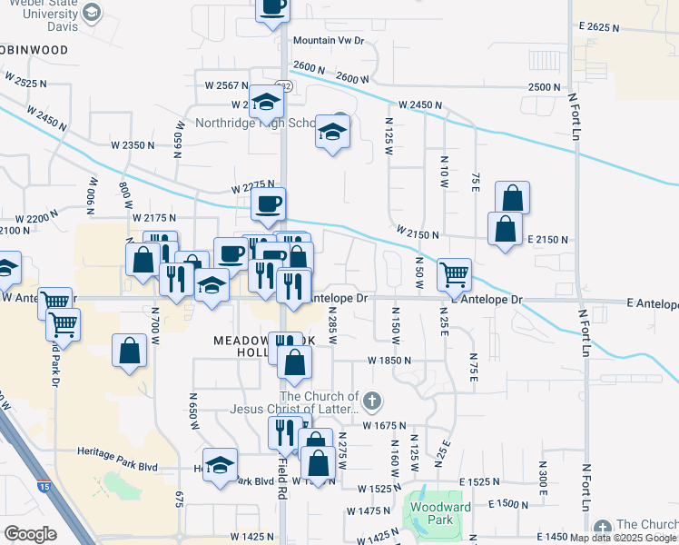 map of restaurants, bars, coffee shops, grocery stores, and more near 256 Antelope Drive in Layton