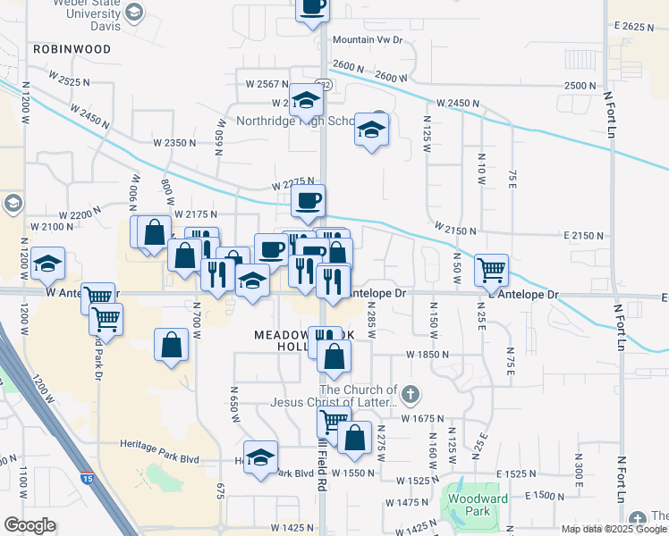 map of restaurants, bars, coffee shops, grocery stores, and more near 2056 Utah 232 in Layton
