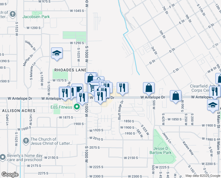 map of restaurants, bars, coffee shops, grocery stores, and more near 856 Antelope Drive in Layton