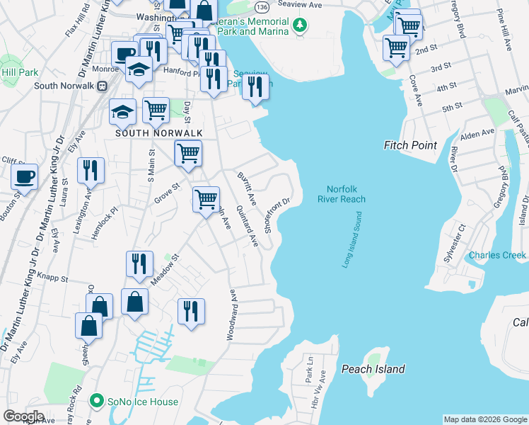 map of restaurants, bars, coffee shops, grocery stores, and more near 40 Quintard Avenue in Norwalk